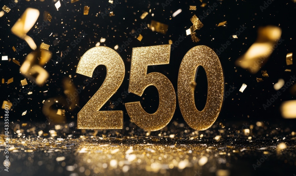Golden Confetti Celebration with Large Number 250 for Events Golden Confetti Celebration with Large Number 250 for Events