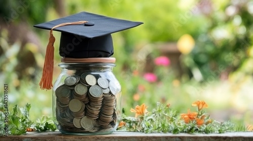 Graduation cap rests atop coin jar symbolizing education funding, tuition fees, future prosperity planning.