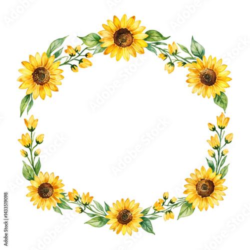Vintage Frame made of Sunflowers and Leaves Isolated Hand Drawn Watercolor Painting Illustration