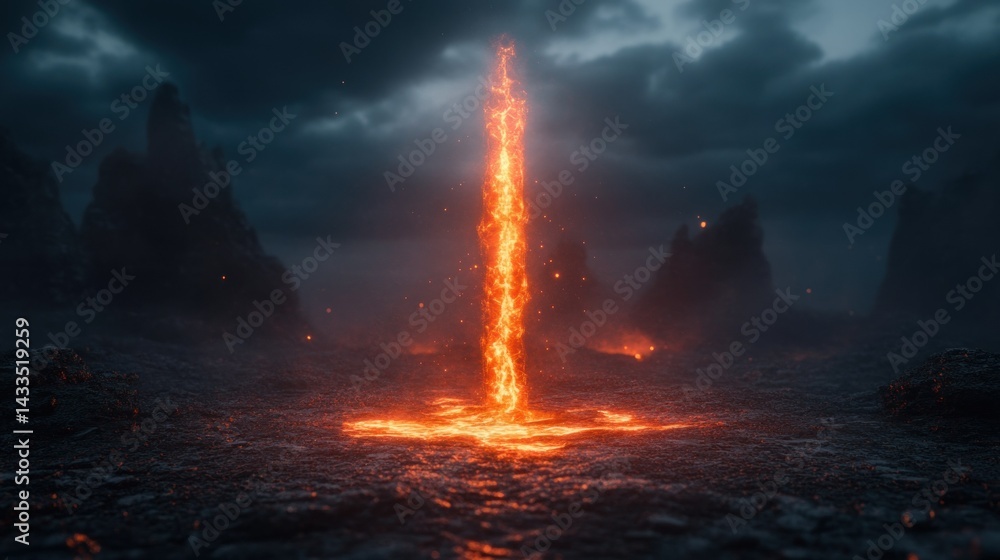 A tall column of fire emanating from a fiery landscape A tall column of fire emanating from a fiery landscape