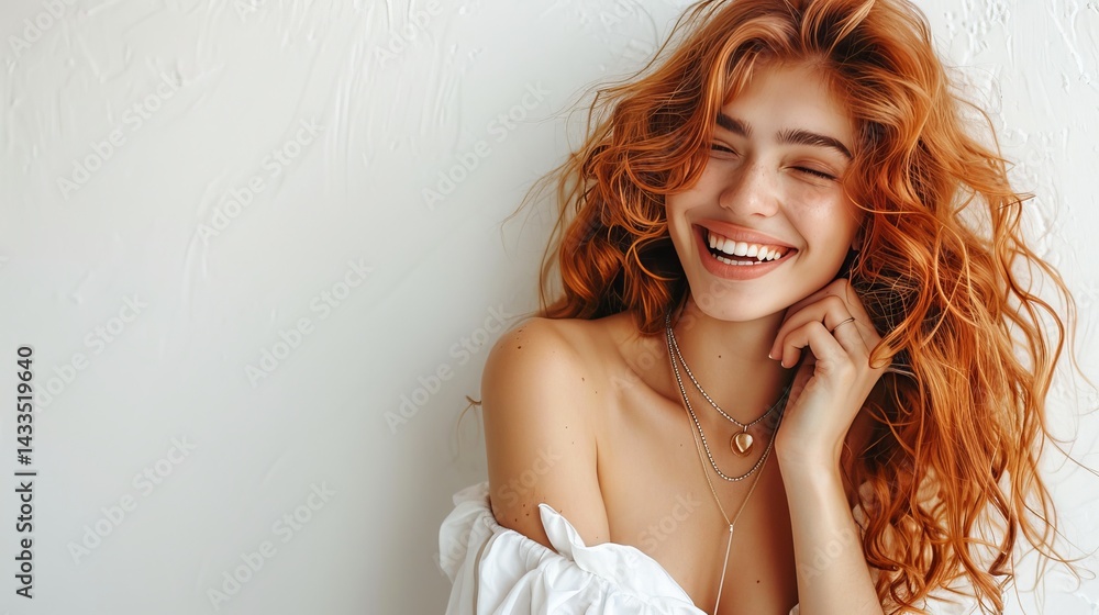 Naklejka premium Joyful woman laughing with smartphone in hand captured in portrait photography studio setting