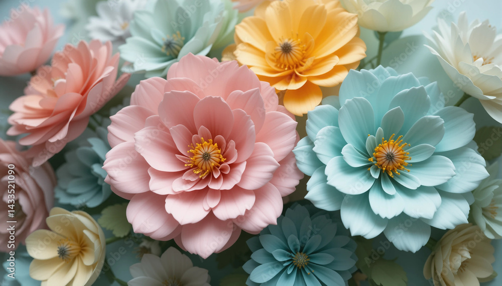Floral Kaleidoscope: A stunning collection of meticulously crafted paper flowers bursts forth, showcasing a vibrant spectrum of pastel hues and delicate textures. Floral Kaleidoscope: A stunning collection of meticulously crafted paper flowers bursts forth, showcasing a vibrant spectrum of pastel hues and delicate textures.