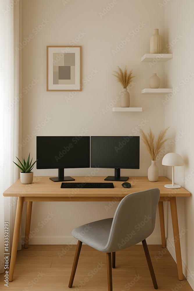 custom made wallpaper toronto digitalA modern home office setup with a sleek desk, dual monitors, and minimalist decor.