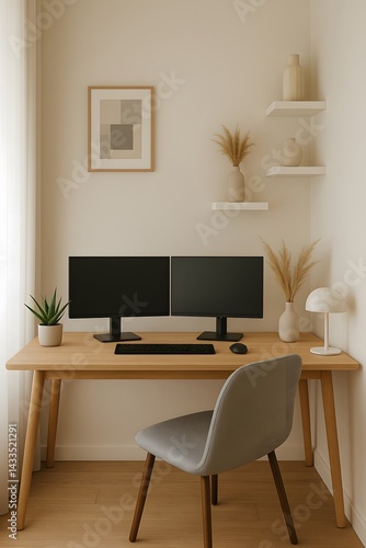 Wallpaper Mural A modern home office setup with a sleek desk, dual monitors, and minimalist decor. Torontodigital.ca