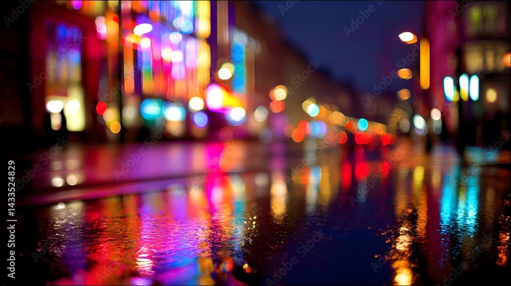 Neon lights dance in the urban night, a vibrant symphony of colors and reflection Neon lights dance in the urban night, a vibrant symphony of colors and reflection