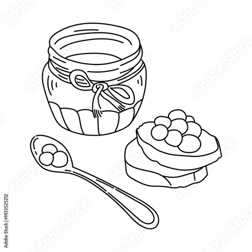Open jar with a bow for cherry jam or marmalade with a spoon with berries and bread. The jar is drawn with a black outline. Vector illustration in doodle style for scrapbook or coloring.