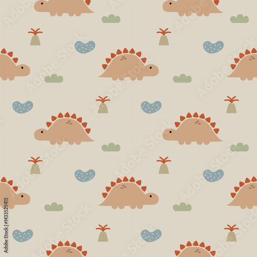 Dinosaur cartoon so cute. On volcano swamp grass background. Pattern seamless vector illustration. 