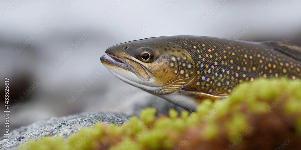 Fish head close-up with intricate speckled pattern, lying on rocks surrounded by mossy greenery, displaying natural textures and colors in a serene aquatic environment Fish head close-up with intricate speckled pattern, lying on rocks surrounded by mossy greenery, displaying natural textures and colors in a serene aquatic environment