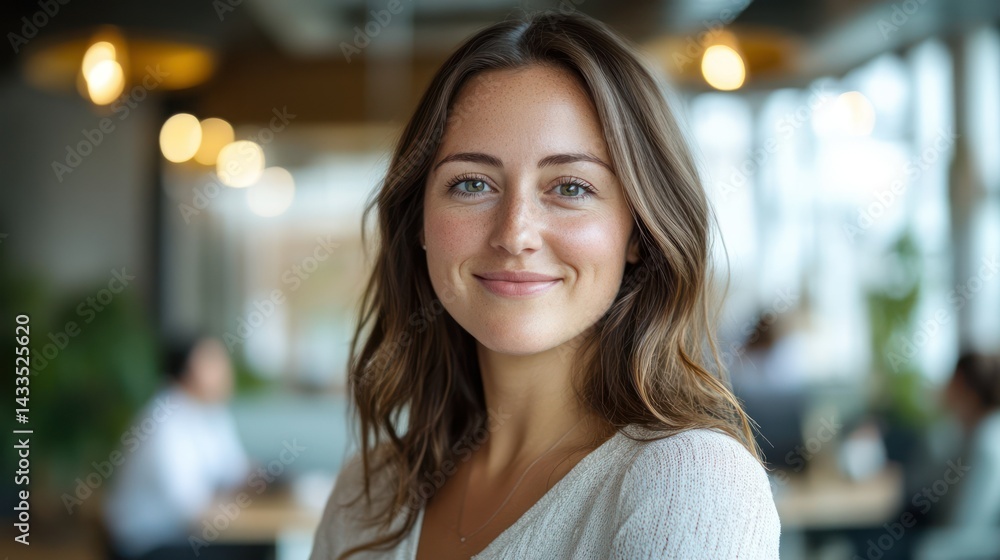 Obraz premium Caucasian woman smiles in modern office, team members collaborate, exuding confidence, embracing diversity, success.