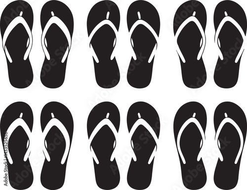 Six Pairs of Black Flip Flops with White Straps Icon Set