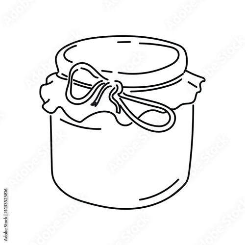 Vintage tableware for cherry jam with fabric lid. Outline jar for strawberry jam or marmalade or designe scrapbook. Vector background with glass jars in doodle style.