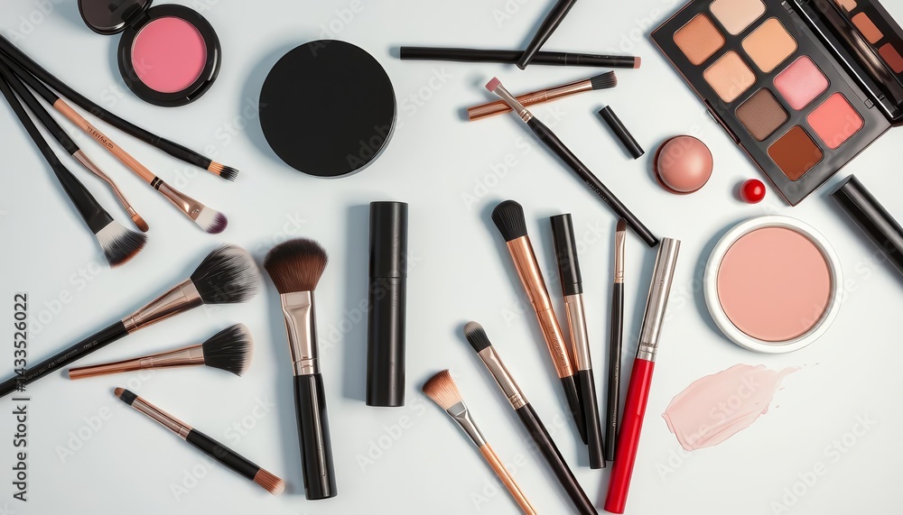 Elegant flat lay of makeup brushes and tools on a studio background with ample copy space, brush collection, copy space Elegant flat lay of makeup brushes and tools on a studio background with ample copy space, brush collection, copy space