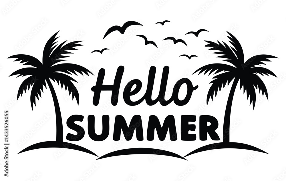 Obraz premium Hello Summer, Tropical Silhouette – Palm Trees and Birds Vacation Graphic Design
