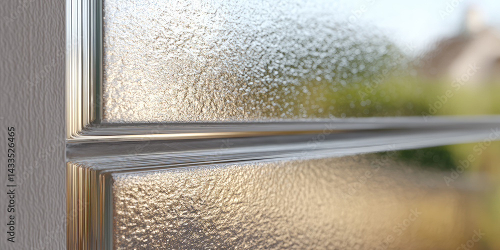 Fototapeta premium Frosted glass window with blurred view outside, featuring a textured surface and metallic frame 