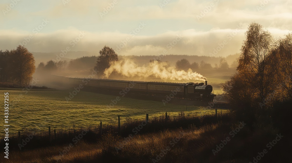 Fototapeta premium Steam train traverses fields, puffing smoke, evoking nostalgia, illustrating heritage transport history travel.