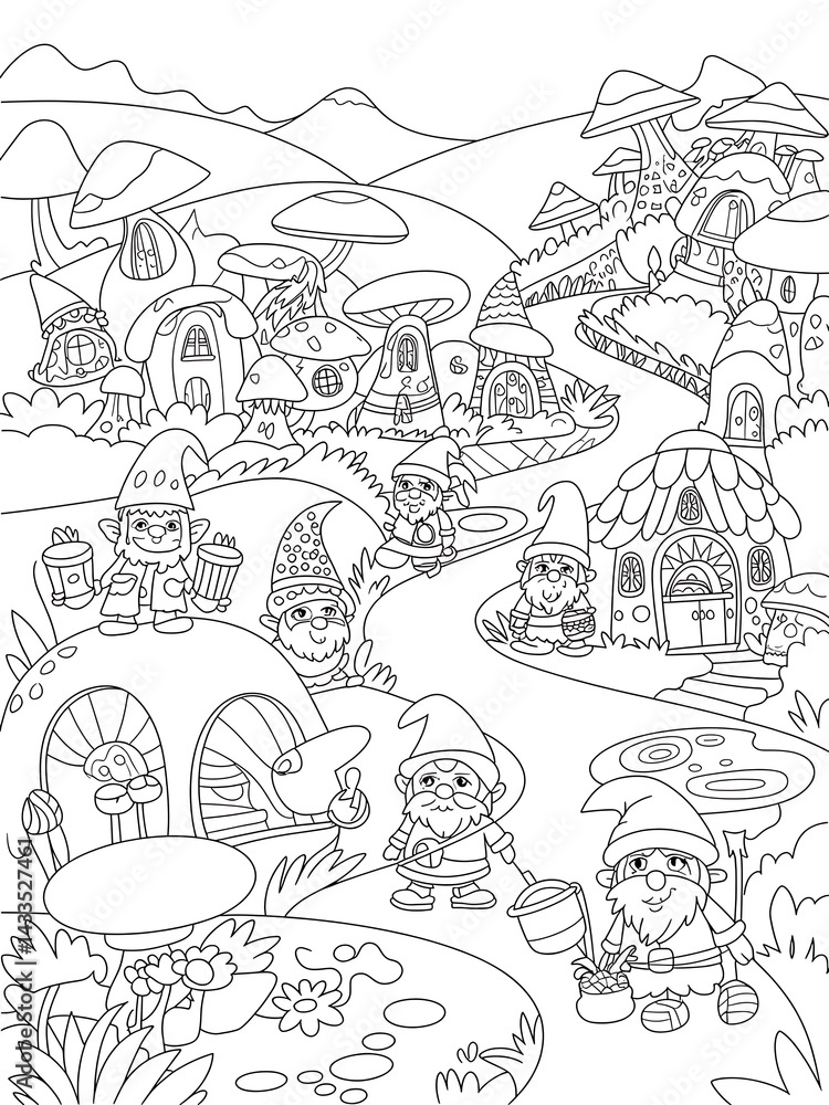 Fototapeta premium village in the mountains black and white coloring page 