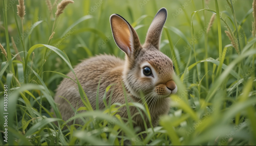 Fototapeta premium Gentle Bunny in the Green: A curious bunny nestled in a lush, vibrant green meadow, its attentive gaze capturing the serene essence of the outdoors.