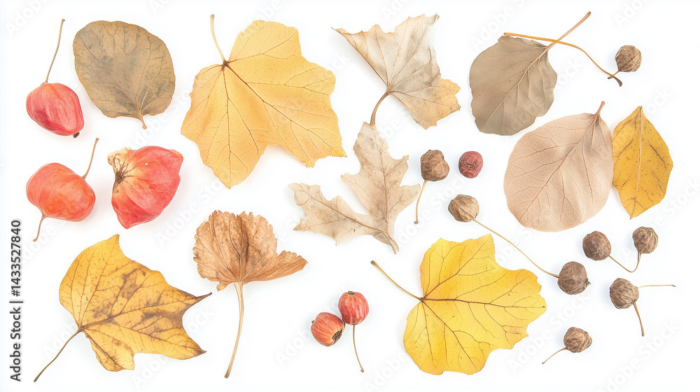 Autumn composition with dried leaves and rowan berries arranged in flat lay top view, soft overhead light on white background.
Autumn composition with dried leaves and rowan berries arranged in flat lay top view, soft overhead light on white background.