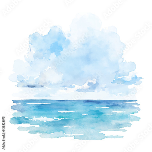 Beautiful Seascape with Clouds and Blue Sea Isolated Hand Drawn Watercolor Painting Illustration