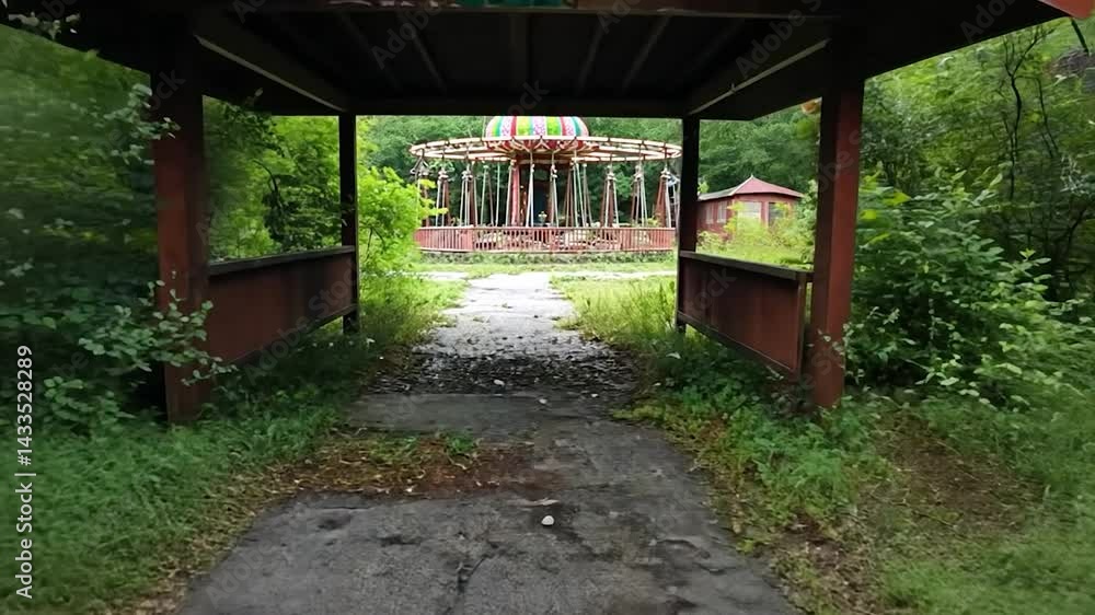 An abandoned amusement park path overgrown with vegetation leads to a dilapidated carousel under a rustic wooden structure showcasing a scene of decay and neglect An abandoned amusement park path overgrown with vegetation leads to a dilapidated carousel under a rustic wooden structure showcasing a scene of decay and neglect