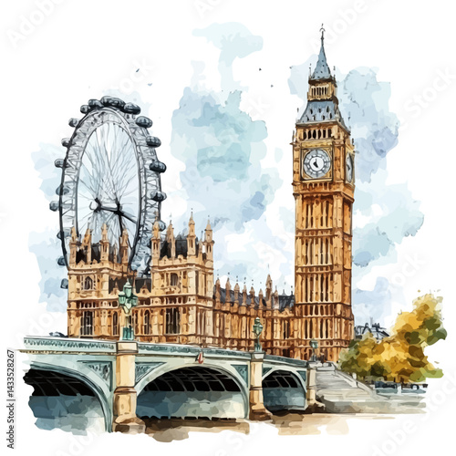 watercolor of Famous Landmark From Europe, vector, isolated on a white background.