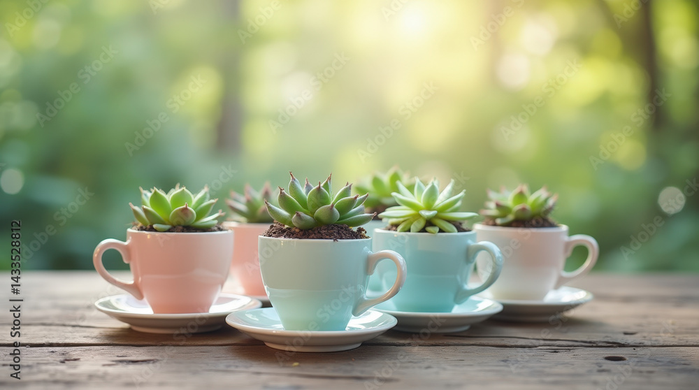 A row of pastel-colored teacups with tiny succulents, set on a rough wooden table, bathed in gentle light, evoking a fresh and elegant decorative vibe.
A row of pastel-colored teacups with tiny succulents, set on a rough wooden table, bathed in gentle light, evoking a fresh and elegant decorative vibe.