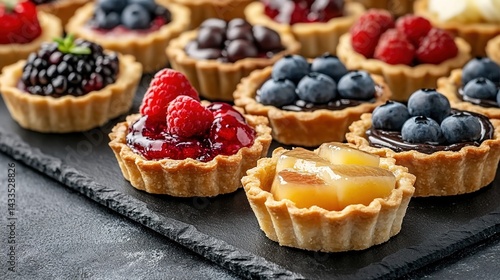 Wallpaper Mural A tray of mini desserts including chocolate, lemon, and berry flavors, topped with fresh berries, with a blurred array of desserts in the background, showcasing a delicate dessert scene. Torontodigital.ca