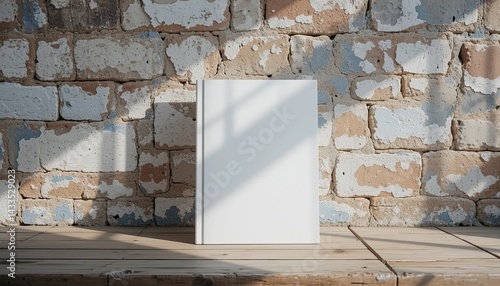 White book standing against a distressed brick wall on a rustic wooden surface with light and shadow