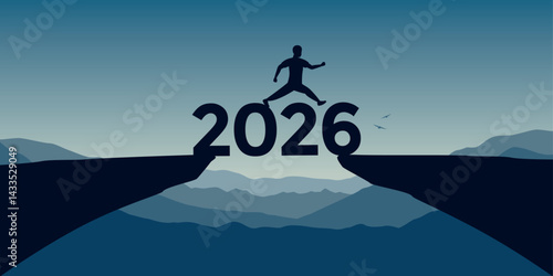 successful man on a cliff run on 2026 typography vector ilustration