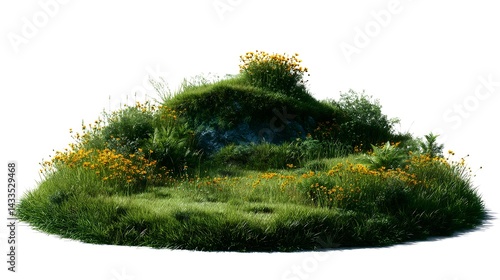 Lush Green Hilltop with Yellow Flowers and Rock perfect for nature scenes