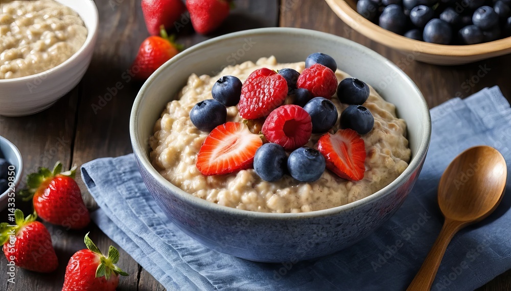 A bowl of oatmeal topped with fresh berries and a wooden spoon on a rustic wooden surface close up view A bowl of oatmeal topped with fresh berries and a wooden spoon on a rustic wooden surface close up view