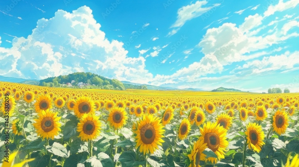 Obraz premium Endless sunflower fields under blue sky