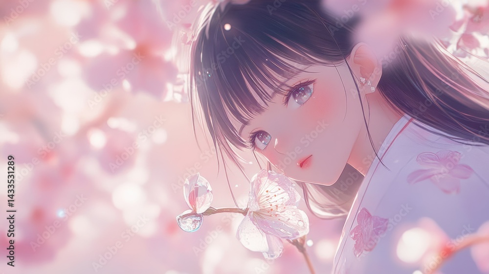 A beautiful girl looking over a branch of pink flowers A beautiful girl looking over a branch of pink flowers