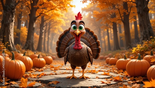 Cartoon turkey stands amidst pumpkins and autumn foliage in a whimsical thanksgiving scene