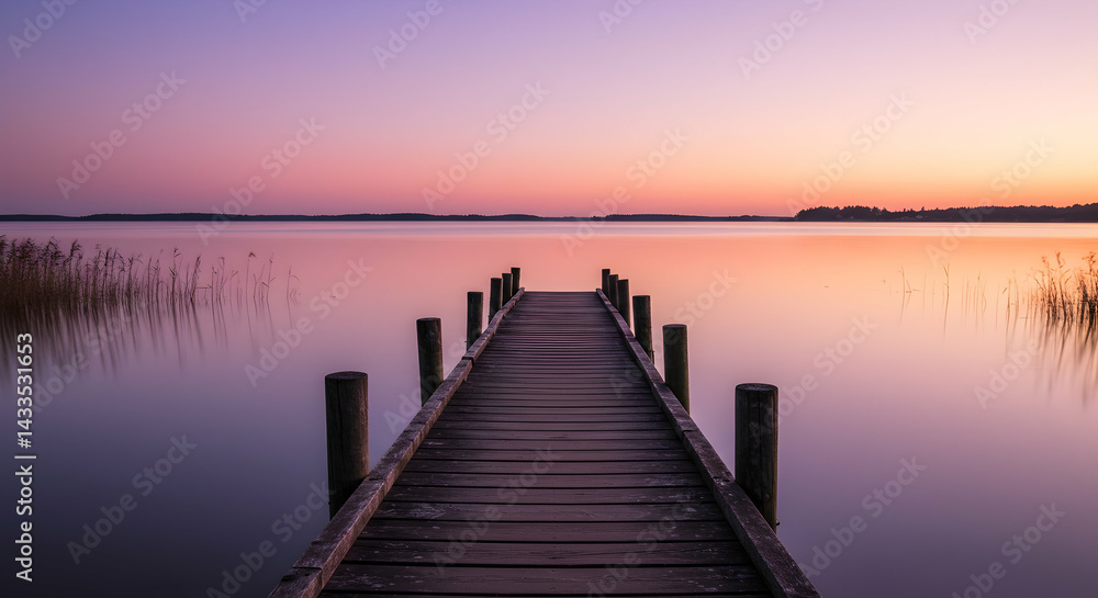 Fototapeta premium Serene Sunset Pier Tranquility Wooden Dock Calm Waters Lake Landscape Scenic View Dusk Twilight Peaceful Nature