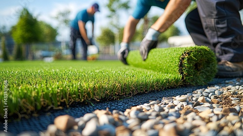 Landscaping crew installing artificial turf in a yard.