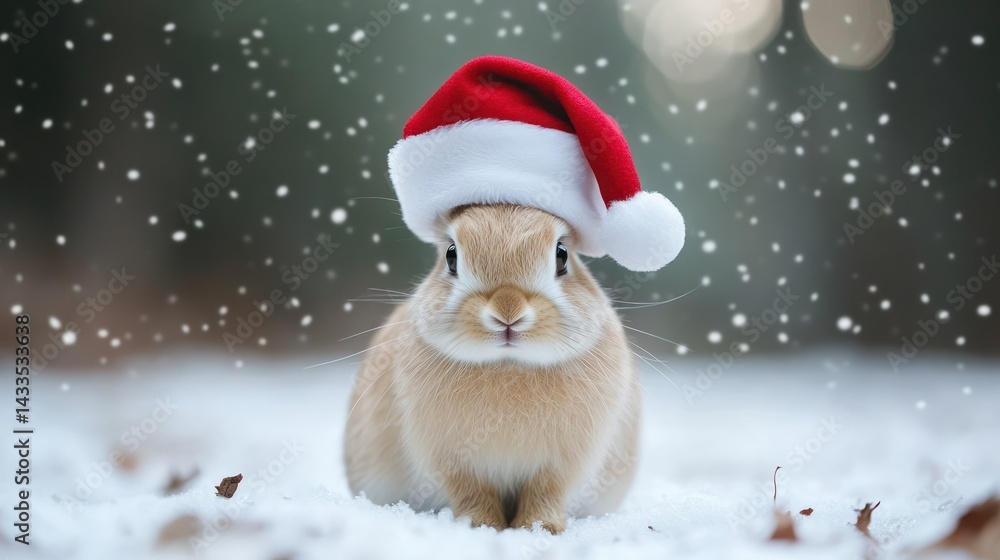 Fototapeta premium Rabbit wears Santa hat, sits sweetly in snowfall, embodying festive holiday spirit and seasonal celebration.