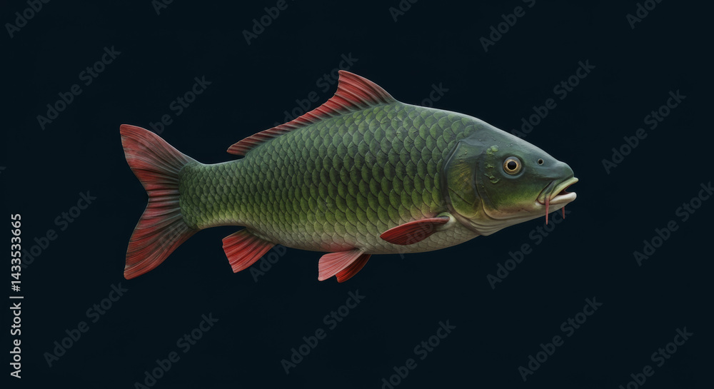 Green carp with red finnage, in profile view against a black background. Aquatic life specimen with detailed scales and features. Green carp with red finnage, in profile view against a black background. Aquatic life specimen with detailed scales and features.