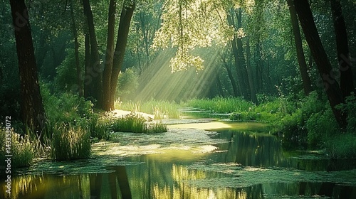 A stream in a forest with water lilies on the water, surrounded by green grass, sunlight streaming through the trees casting beams, background with misty forest