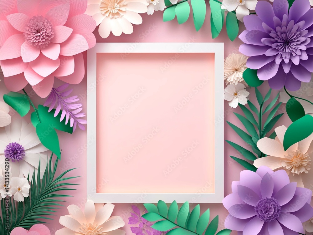 Beautiful paper flower background with a large frame in the center for photos and wishes. Flower origami greeting card in 3D rendering style Beautiful paper flower background with a large frame in the center for photos and wishes. Flower origami greeting card in 3D rendering style