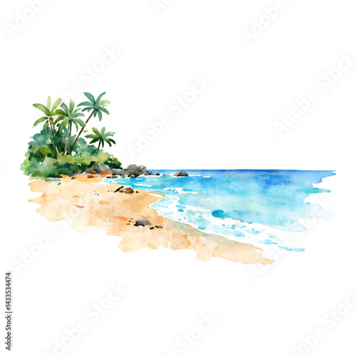 Serene Beach Landscape with Palm Trees Isolated Hand Drawn Watercolor Painting Illustration