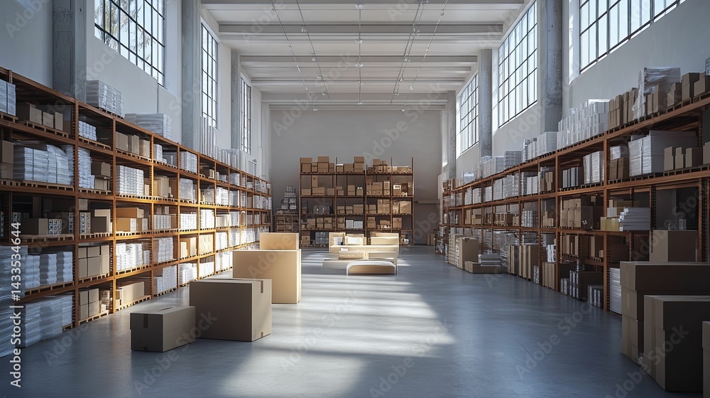 Obraz premium Spacious warehouse interior filled with cardboard boxes.