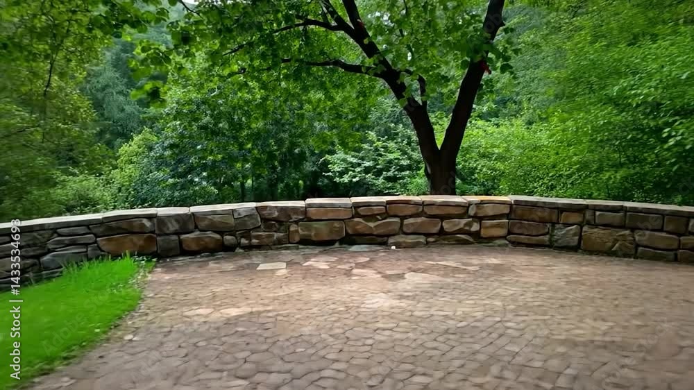 stone pathway in lush green environment with a tree and stone wall. paved area and green grass are visible. overcast lighting creates soft shadows stone pathway in lush green environment with a tree and stone wall. paved area and green grass are visible. overcast lighting creates soft shadows