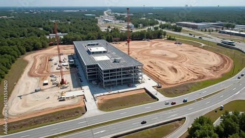 Aerial view of a modern building under construction near a highway, showcasing progress and surrounding landscape