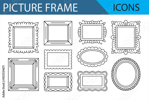 Classic and Vintage Picture Frame Icons Set in Black and White Outlines