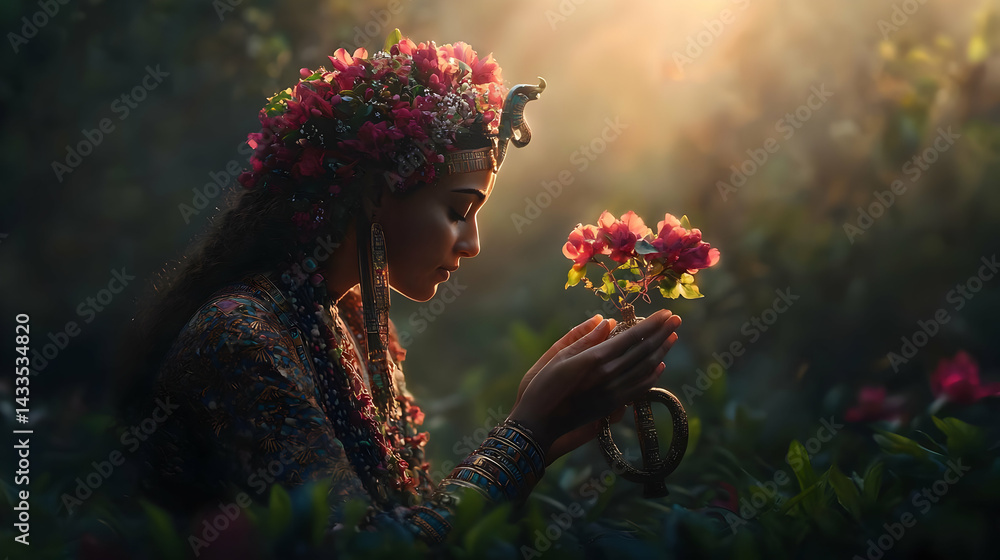 Naklejka premium Woman In Floral Crown Holding Roses In Garden
