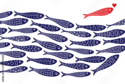 Wave of ornamental sardine. Cute vector sea 
interior poster. Blue school fish on white background. simple concept vector illustration.