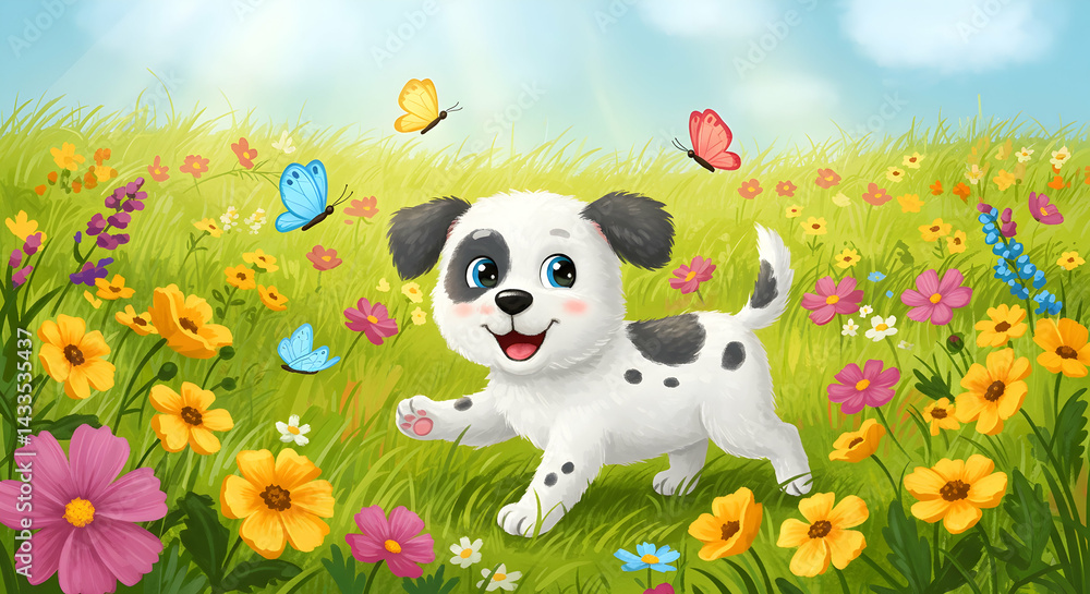 Obraz premium Playful Dalmatian Puppy Frolics in a Vibrant Meadow Filled with Colorful Wildflowers and Butterflies