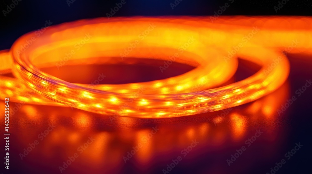 A curled illuminated neon rope provides warm orange glow on surface A curled illuminated neon rope provides warm orange glow on surface