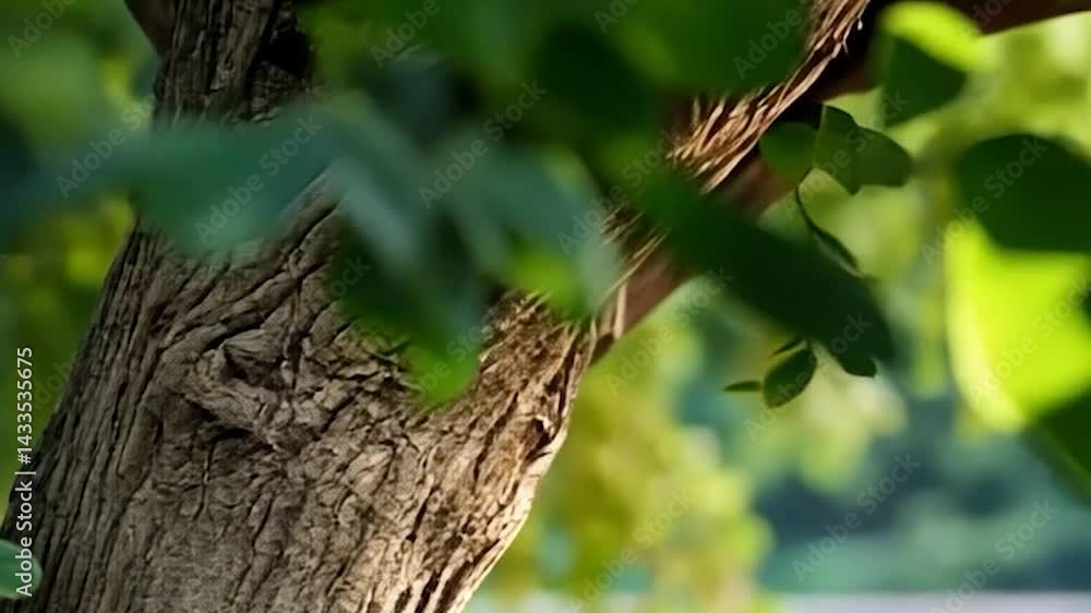 Close-up view of tree trunk in natural environment with green leaves and blurred background capturing sunlight creating natural scenic beauty Close-up view of tree trunk in natural environment with green leaves and blurred background capturing sunlight creating natural scenic beauty
